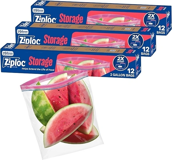 Ziploc 2 Gallon Food Storage Bags, 36 Total Bags (12 Count, 3-Pack)