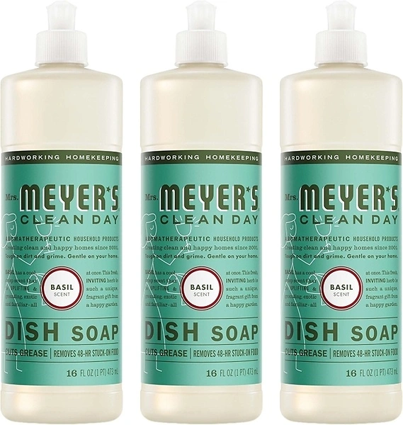 MRS. MEYER'S CLEAN DAY Liquid Dish Soap, Basil Scent, 16 Fl Oz Bottle - 3 Pack