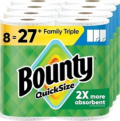 Bounty Quick-Size Paper Towels, White, 8 Family Triple Rolls 27 Regular Rolls