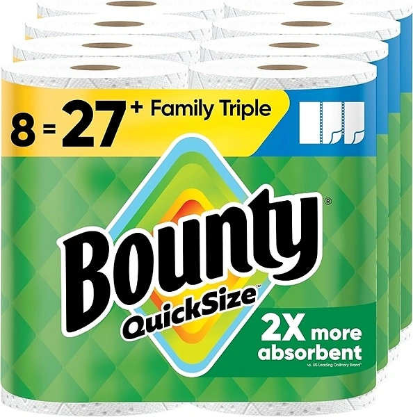 Bounty Quick-Size Paper Towels, White, 8 Family Triple Rolls 27 Regular Rolls