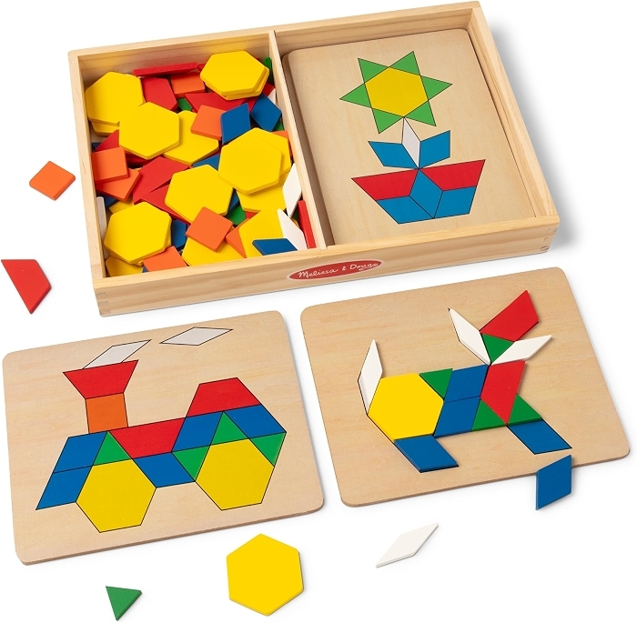 Melissa & Doug Pattern Blocks and Boards with 120 Wooden Shape Tiles, 5 Boards
