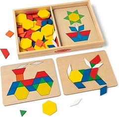 Melissa & Doug Pattern Blocks and Boards with 120 Wooden Shape Tiles, 5 Boards