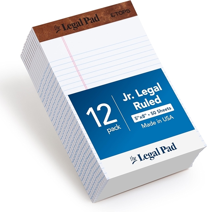 TOPS Legal Pads, 12 Pack, 50 Jr. Legal Ruled 5" x 8" Sheets, Bright White Paper