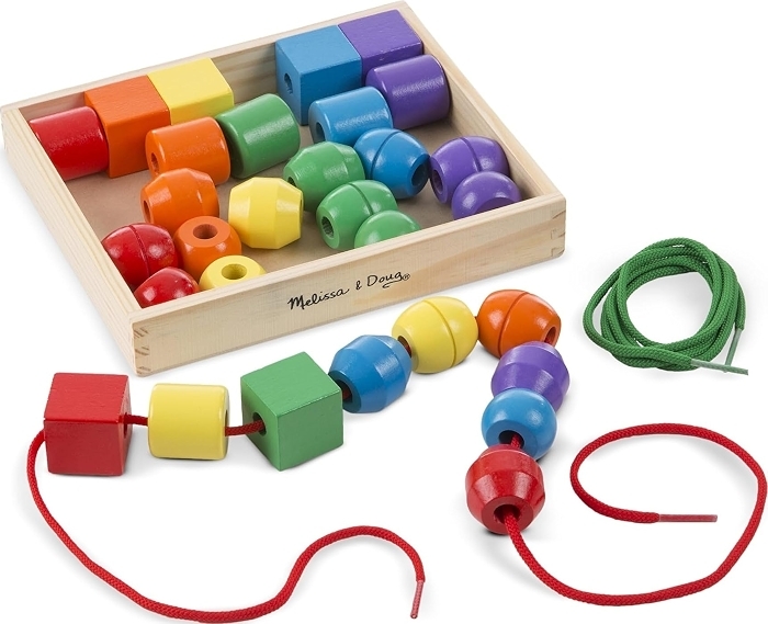 Melissa & Doug Primary Lacing Beads - 30 Wooden Beads and 2 Laces for Toddlers