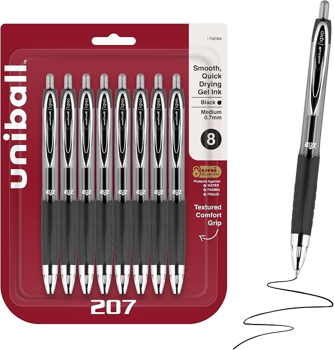 uniball 207 Gel Pens, Black Ink, 0.7mm Medium Point, Retractable, 8 Count