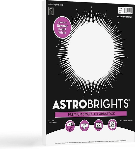 Astrobrights/Neenah Bright White Cardstock, 8.5" x 11", 65 lb, 75 Sheets