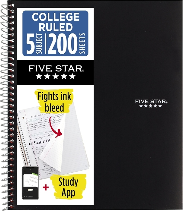 Five Star Spiral Notebook + Study App, 5 Subject, 200 Sheets, Black