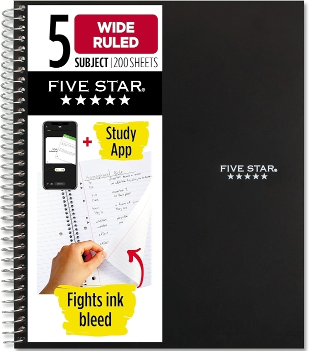 Five Star Spiral Notebook + Study App, 5 Subject, Wide Ruled, 200 Sheets, Black