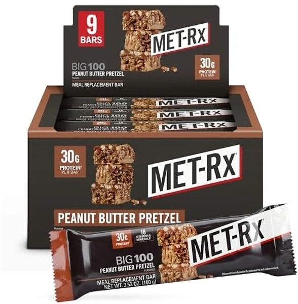 MET-Rx Big 100 Protein Bars, Peanut Butter Pretzel, 30g Protein, 9 Ct