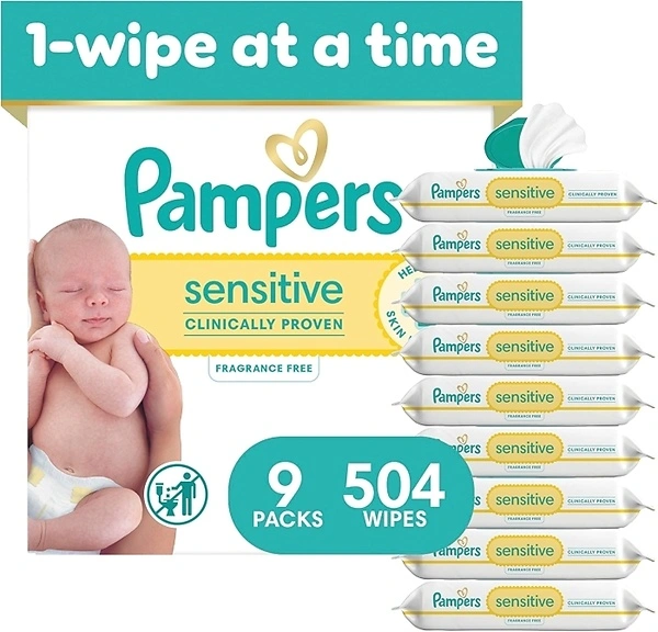 Pampers Sensitive Baby Wipes, Fragrance Free, Water Based, 504 Total (9 Packs)