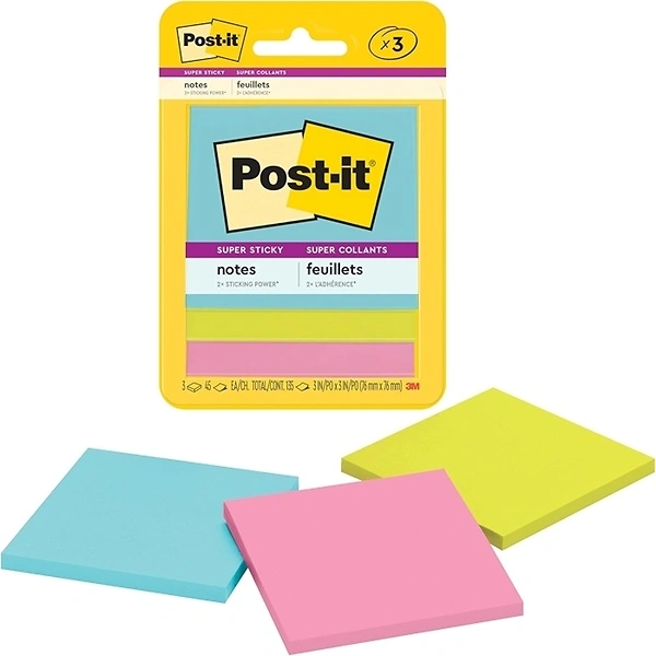 Post-it Super Sticky Notes, 3 Pads, 3 x 3 in., Supernova Neons Collection