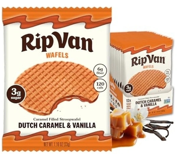 Rip Van Wafels Dutch Caramel & Vanilla Stroopwafels, Healthy Snacks, 12 Count