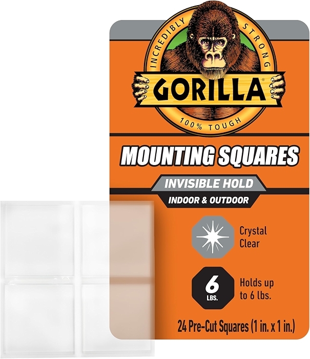 GORILLA Invisible Hold Double Sided Tape, 24 Pre-Cut 1" Mounting Squares