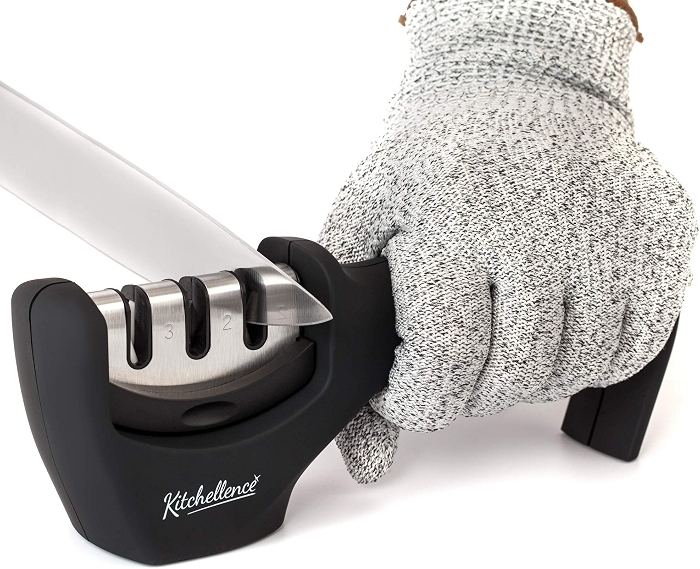 4-in-1 Kitchen Knife Accessories: 3-Stage Knife Sharpener & Cut-Resistant Glove