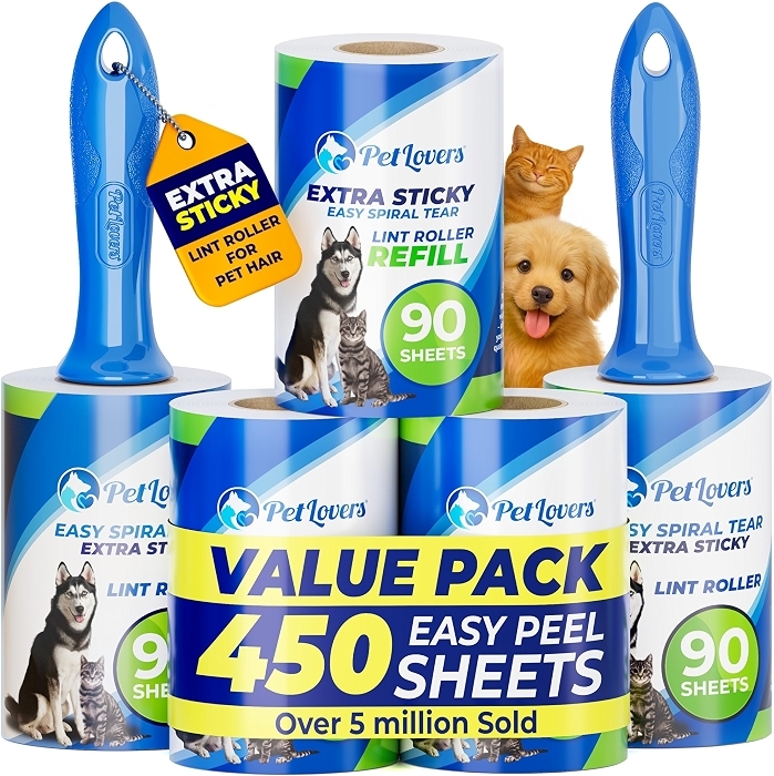 PetLovers Extra Sticky Lint Roller Mega Value Set, 450 Sheets, 5 Pack
