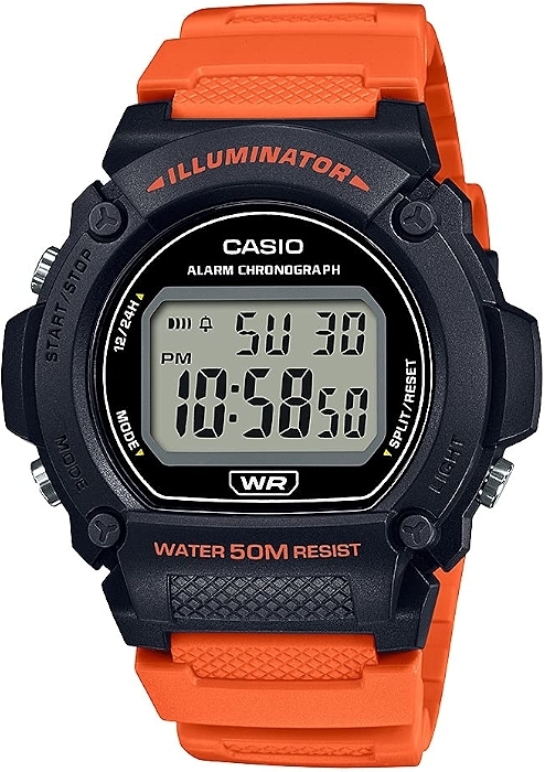 Casio W219H Series Men's Digital Watch, Black/Orange, 50M WR, LED Illuminator