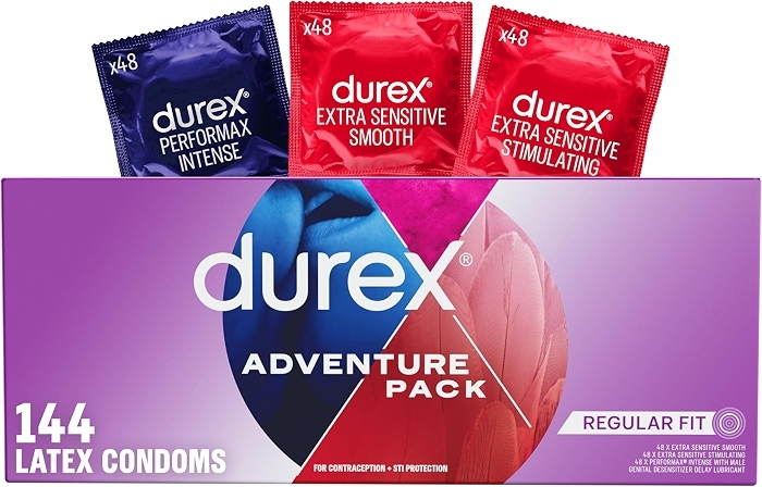 Durex Condoms Variety Adventure Pack, Extra Sensitive & Performax, 144 Count