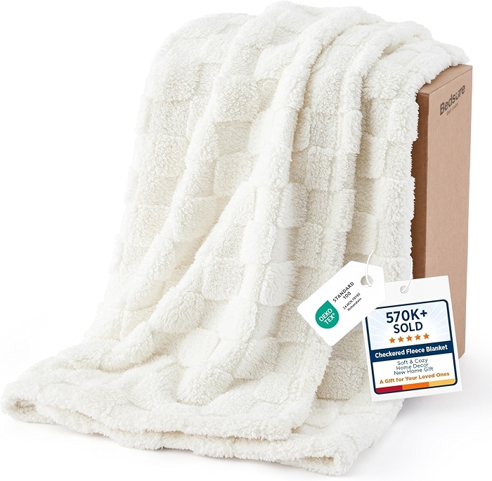 Bedsure Checkered Soft Cozy Throw Blanket for Couch, White,50"60"