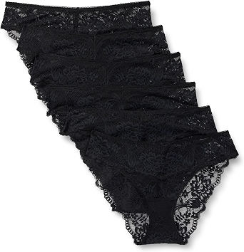 Amazon Essentials Women's Stretch Galloon Lace Knickers, Pack of 6, Black, Small
