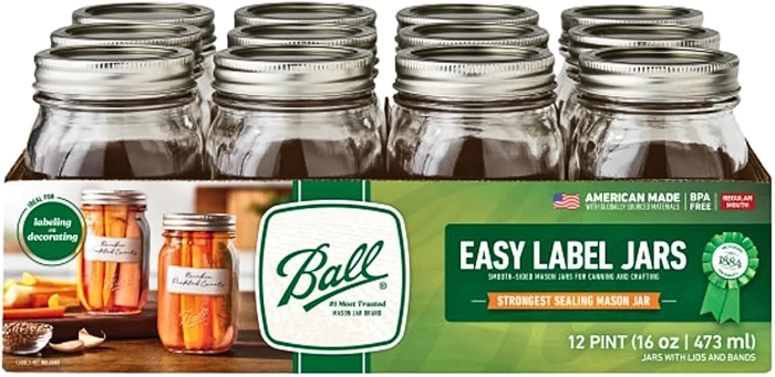 Ball Regular Mouth Easy Label Glass Mason Jars with Lids, 16 Ounce, 12 Count