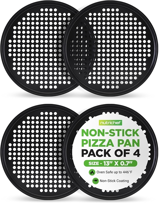 NutriChef 4-Pack 13'' Non-Stick Pizza Pans, Commercial-Grade Carbon Steel