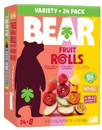 BEAR Real Fruit Snack Rolls Variety Pack (Strawberry, Raspberry, Tropical), 48 Rolls