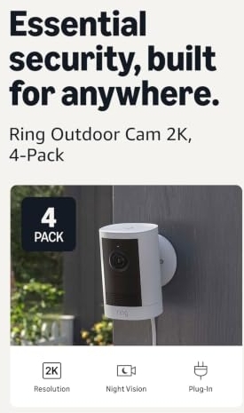 Ring Outdoor Cam 2K Plug-In Security, Wide-Angle Video, Night Vision, 4-Pack, White