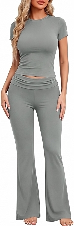 Ekouaer Women 2 Piece Pajama Set Short Sleeve Crop Top Foldover Flare Pant