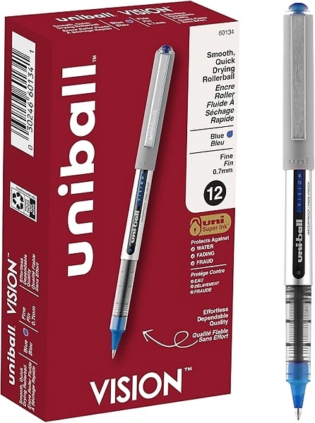 uni-ball uniball Vision Rollerball Pens with 0.7mm Fine Point, Blue, 12 Count