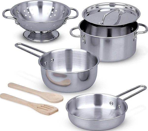 Melissa & Doug Stainless Steel Pots & Pans, 8 Piece Play Kitchen Set for Kids 3+