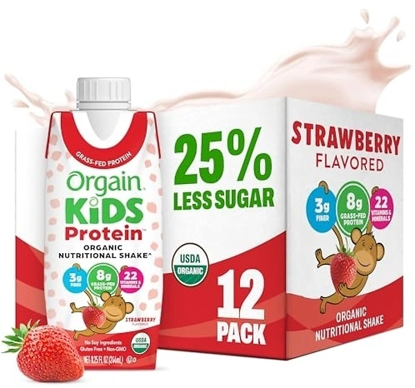 Orgain Organic Kids Dairy Protein Shake, Strawberry, 8.25 oz, 12 Pack