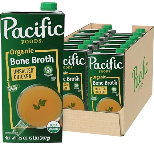 Pacific Foods Organic Unsalted Chicken Bone Broth, 32 oz Carton (12 Pack)