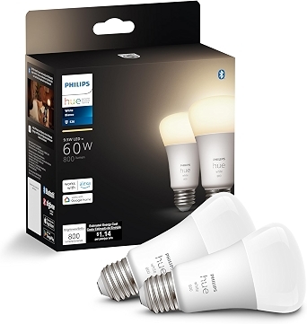 Philips Hue Smart 60W A19 LED Bulb - Soft Warm White Light, 2 Pack, 800LM, E26