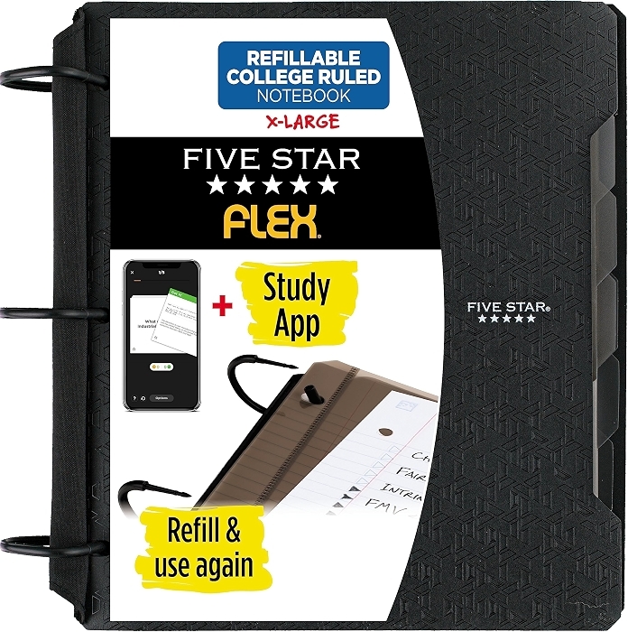 Five Star Flex Refillable Notebook, College Ruled, 1-1/2 Inch Binder, Black