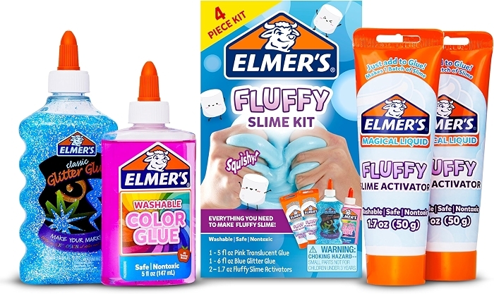 Elmer's Fluffy Slime Kit, Translucent Color Glue & Glitter Glue, 4 Count