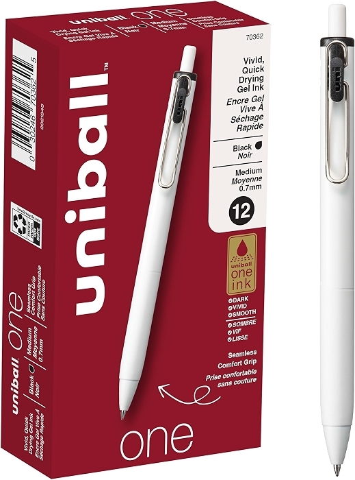 uniball one Retractable Gel Pens, Medium Point (0.7mm), Black Ink, 12 Pack