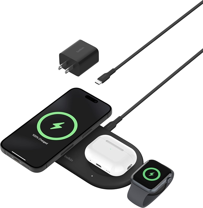 Belkin Qi2 15W Magnetic Wireless Charging Pad, 3 in 1 Fast Charger