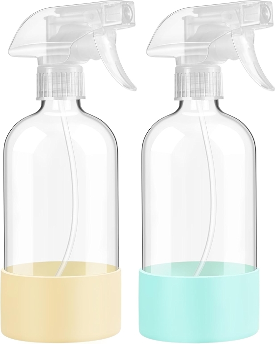 16oz 2Pack Glass Spray Bottles with Silicone Sleeve Pale Yellow&Mint Green
