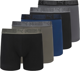 PUMA Men's 5-Pack Performance Boxer Briefs, Olive/Black/Blue/Grey, Small