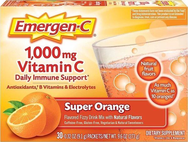Emergen-C 1000mg Vitamin C Powder, Fizzy Drink Mix, Super Orange, 30 Pack