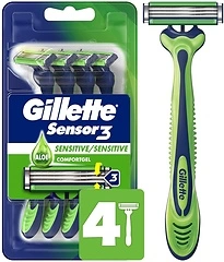 Gillette Sensor3 Sensitive Men's Disposable Razor, 4 Razors