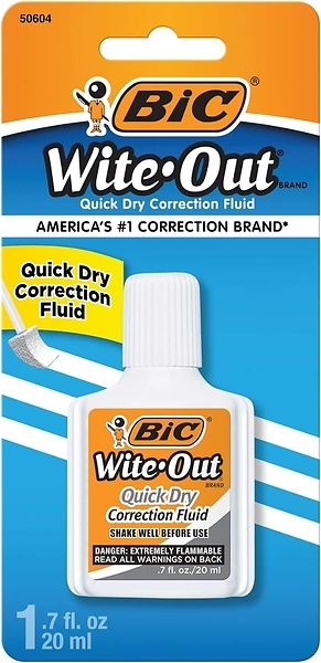 BIC Wite-Out Quick Dry Correction Fluid, 20mL, White, Goes on Easy with A Reduced Dry Time, 1-Count Pack