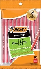 BIC Round Stic Xtra Life Ballpoint Pen, Medium Point (1.0mm), Red, 10-Count