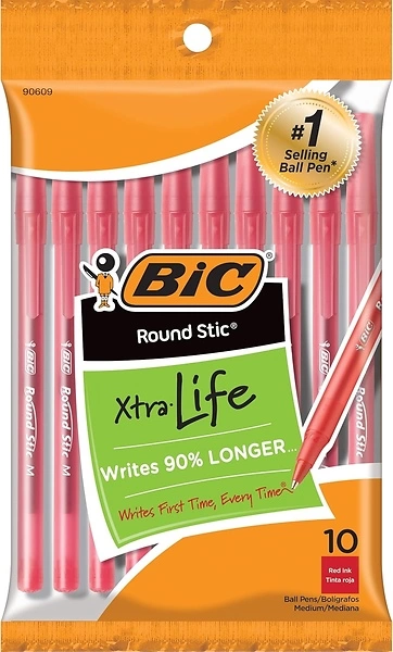 BIC Round Stic Xtra Life Ballpoint Pen, Medium Point (1.0mm), Red, 10-Count