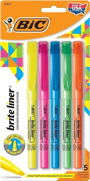 BIC Brite Liner Highlighter, Chisel Tip, Assorted Highlighter Colors, 5-Count