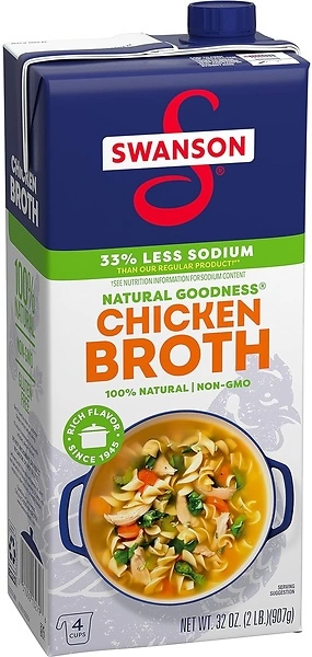 Swanson Natural Goodness 33% Less Sodium Chicken Broth, 32 oz Carton