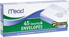 Mead #10 Envelopes, Security Printed Lining, Self Seal, 45/Box