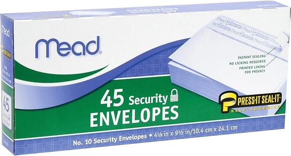 Mead #10 Envelopes, Security Printed Lining, Self Seal, 45/Box