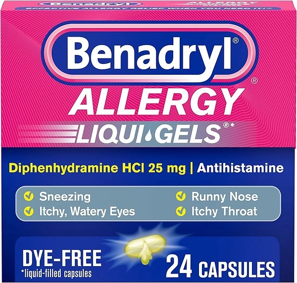 Benadryl Liqui-Gels Antihistamine Allergy Medicine & Cold Relief, Dye Free, 24 ct