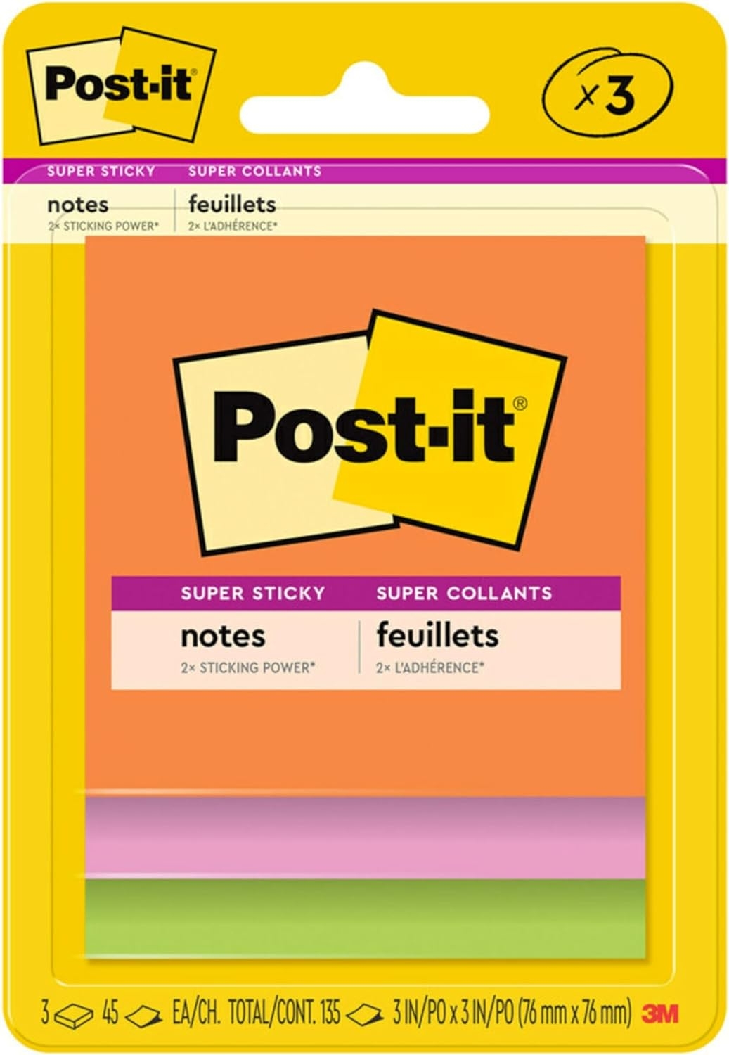 Post-it Super Sticky Notes, 3 x 3 in., 3 Pads, Energy Boost Collection
